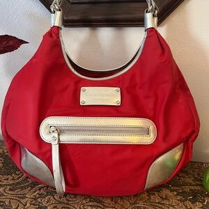Kate Spade  triple compartment  Red  nylon and Silver leather trim  Hobo Bag